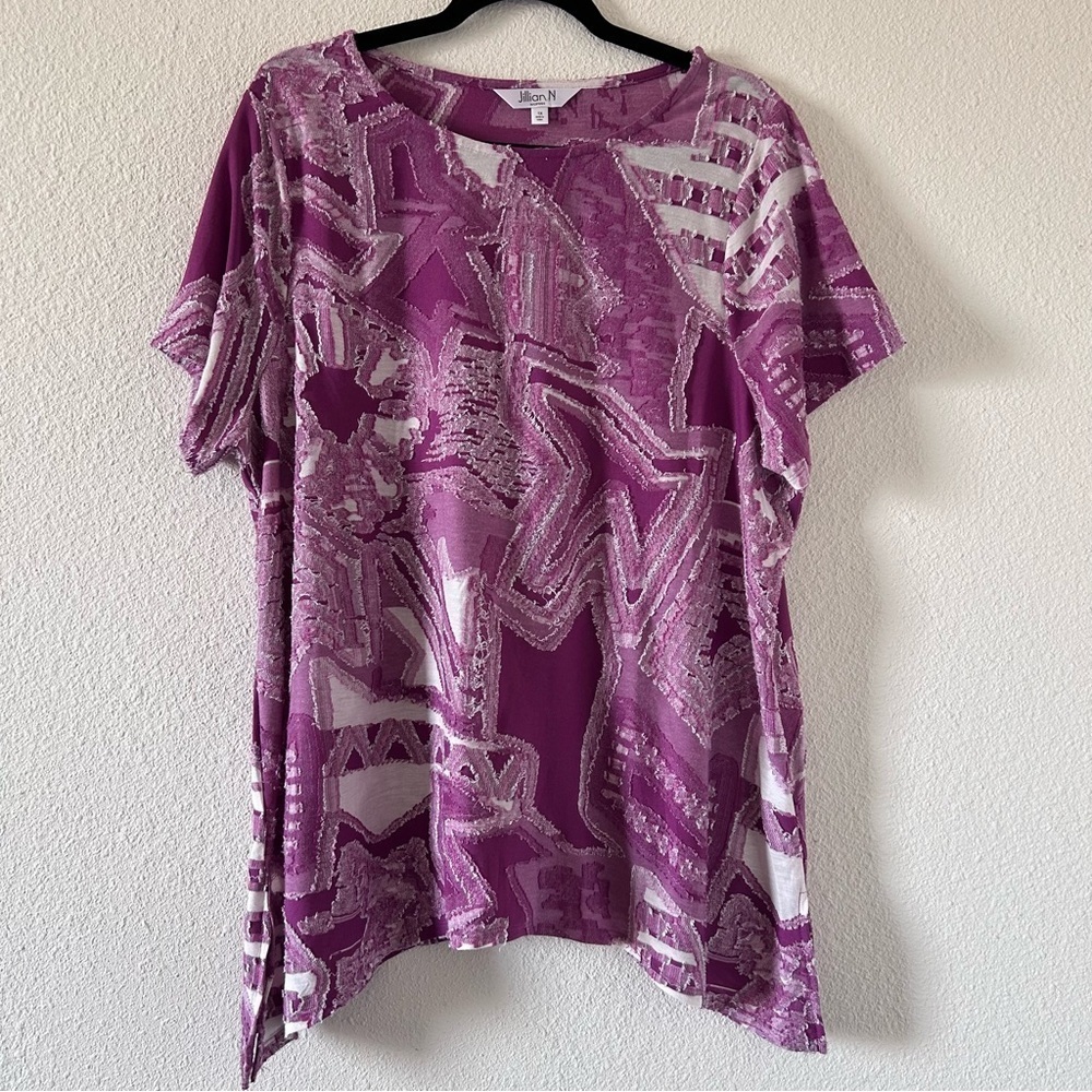 Jillian N Women 1X Shirt Pink White Fringe Tweed Detail Boho Lagenlook Artsy